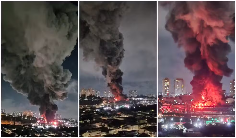 Combate a incêndio de grandes proporções em Guarulhos teve apoio de 38 bombeiros, 14 viaturas, uma retroscavadeira e já dura mais de 14 horas